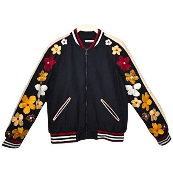 Alice + Olivia Jackets & Blazers - Alice + Olivia Bomber Jacket Black Floral Embroidered Silk S